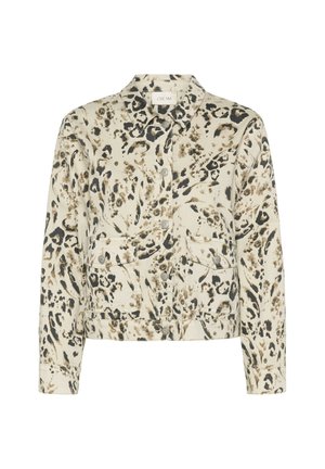 Begė žirafos rašto striukė su apykakle, dviem priekinėm kišenėm ir sidabriniais mygtukais. Medžiaga atrodo tekstūruota.