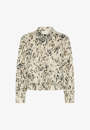 Begė žirafos rašto striukė su apykakle, dviem priekinėm kišenėm ir sidabriniais mygtukais. Medžiaga atrodo tekstūruota.