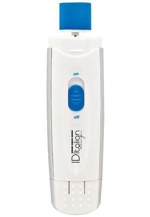 Perceuse à ongles électronique blanche et bleue avec un interrupteur à glissière bleu marche/arrêt et un marquage ID Italian Design à l'avant.