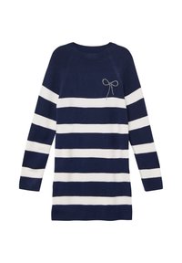 Robe rayée bleu marine et blanche avec des manches longues, un col rond et un accent en nœud orné de strass sur la poitrine.