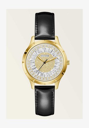 Goldfarbene Uhr mit einem silbernen und goldenen Zifferblatt, das ein strukturiertes Muster und Kristallakzente aufweist; schwarzes Lederarmband.