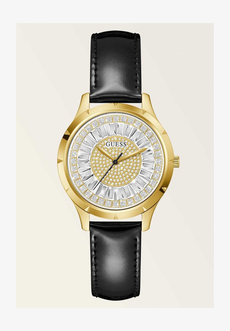 Gold-tone watch with a silver and gold dial featuring a textured pattern and crystal accents; black leather strap.