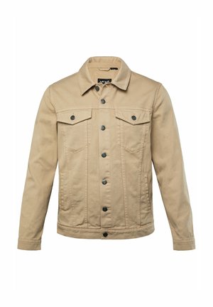 Giacca in denim beige con colletto a punta, bottoni frontali, due tasche sul petto e taglio dritto. Tessuto testurizzato con bottoni scuri a contrasto.