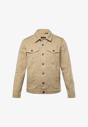 Veste en denim beige avec un col pointu, des boutons sur le devant, deux poches poitrine et une coupe droite. Tissu texturé avec des boutons sombres contrastants.