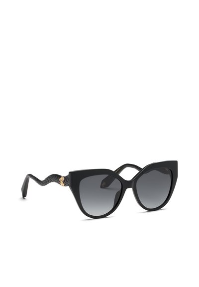 Lunettes de soleil noires en forme d’œil de chat avec des verres dégradés foncés et des branches texturées de style serpent avec un petit détail doré.