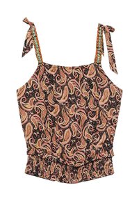 Top sin mangas con un patrón de paisley en rosa y negro. Presenta tirantes ajustables y un dobladillo elástico recogido para un ajuste ceñido.