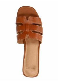 Brown leather slide sandal with wide straps, featuring stitched detailing. Open-toe design, flat sole, and smooth texture. Brand logo visible.