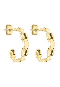 Goldfarbene Creolen mit geflochtenem Design, ausgestattet mit einer polierten Oberfläche und einem sicheren Steckverschluss für einfachen Tragekomfort.