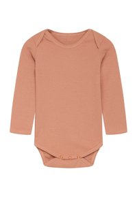 Ilgų rankovių naujagimių bodysuit soft persikų spalvos audinyje, su apvaliu apykaklės dizainu, spaustukais apačioje ir lygiais siūlais.