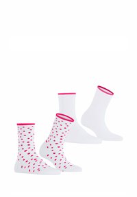 Zwei Paar Socken: ein Paar weiß mit rosa Punkten und ein weiteres einfarbig weiß. Alle verfügen über hellrosa Bündchen. Aus weichem Strickstoff.