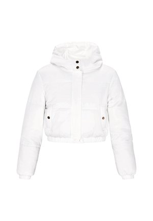 Gekürzte weiße Puffjacke mit Kapuze, die über Knopfdetails und elastische Bündchen sowie Saum verfügt, hergestellt aus glattem, leichtem Material.