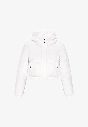 Zkrácená bílá péřová bunda s kapucí, vybavená knoflíkovými akcenty a elastickými manžetami a spodním lemem, vyrobená z hladkého, lehkého materiálu.