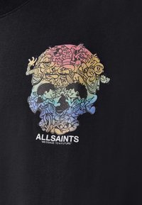T-shirt en coton noir avec un design graphique coloré représentant des personnages de dessin animé formant la silhouette d'un crâne, avec le texte "ALLSAINTS" en dessous.