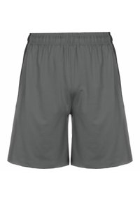 Shorts deportivos grises con cinturilla elástica, dos bolsillos laterales y una textura suave; de longitud hasta la rodilla y con un diseño sencillo.