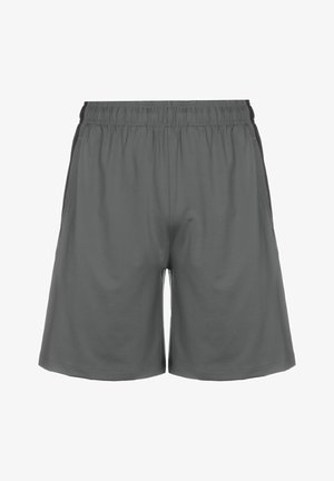 Grijze sportshorts met een elastische tailleband, twee zijzakken en een gladde textuur; knielengte met een eenvoudig ontwerp.