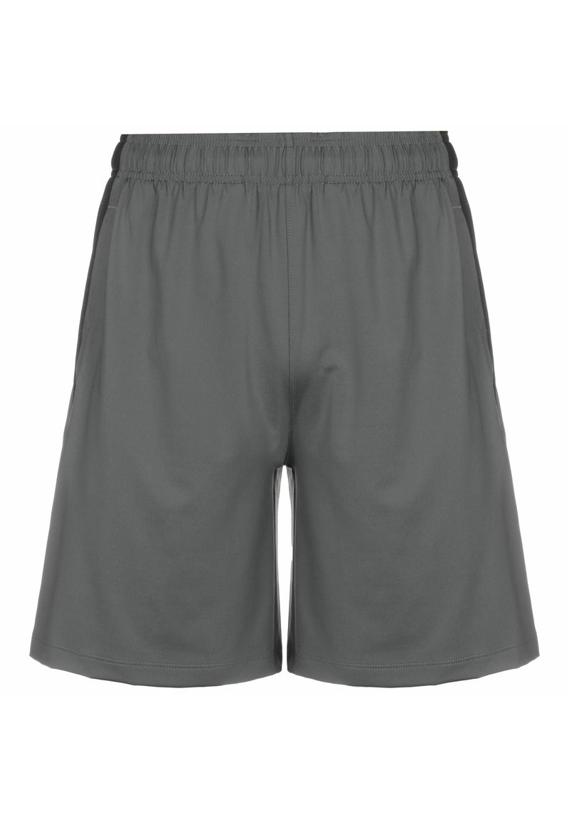 Shorts deportivos grises con cinturilla elástica, dos bolsillos laterales y una textura suave; de longitud hasta la rodilla y con un diseño sencillo.