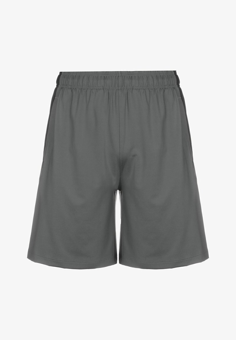 Shorts deportivos grises con cinturilla elástica, dos bolsillos laterales y una textura suave; de longitud hasta la rodilla y con un diseño sencillo.
