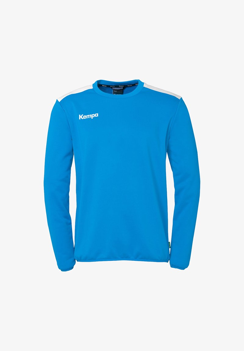 Langärmliges Sportshirt in lebhaftem Blau, aus glattem Stoff gefertigt. Mit weißen Akzenten an den Schultern und einem Logo auf der Brust.