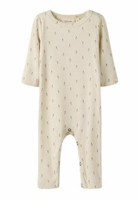 Combinaison en coton à côtes crème pour bébé avec de longues manches, petit motif de roses roses, boutons-pression aux jambes et encolure ronde.