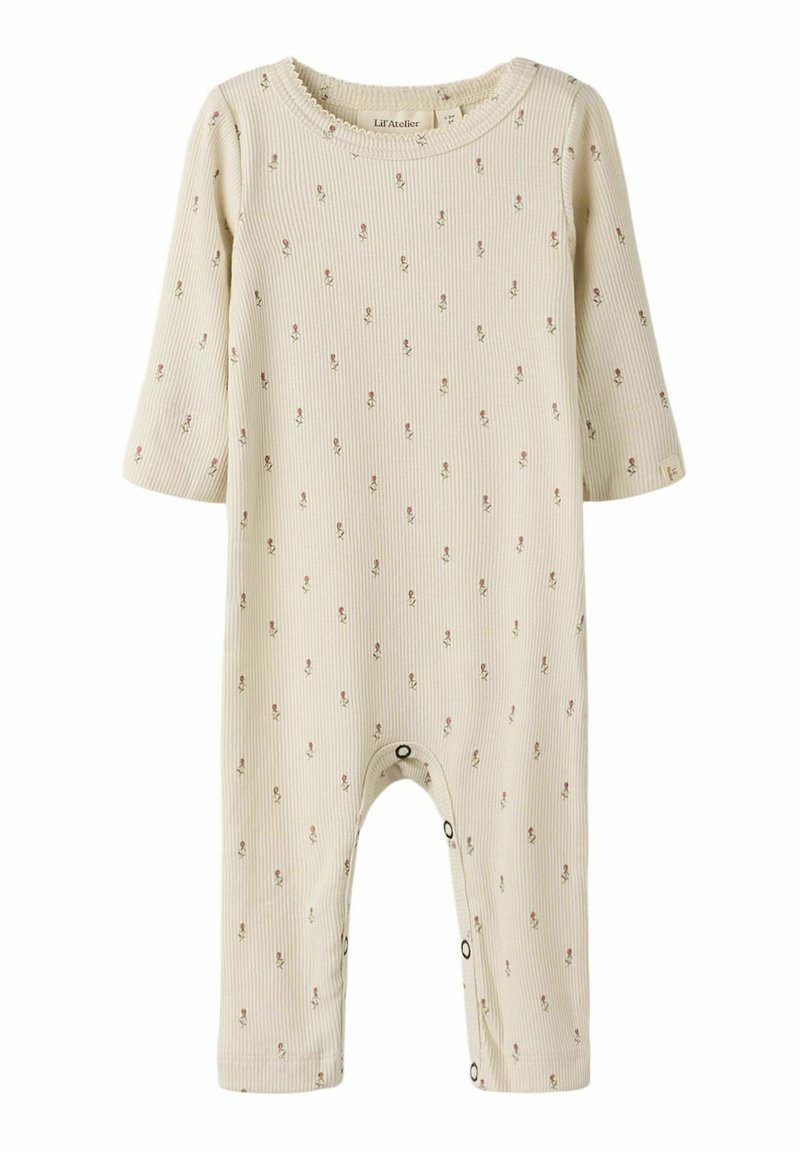 Combinaison en coton à côtes crème pour bébé avec de longues manches, petit motif de roses roses, boutons-pression aux jambes et encolure ronde.
