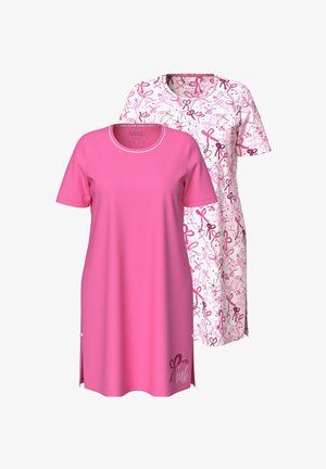 Twee nachtjaponnen met korte mouwen: één effen roze, de ander wit met roze en paarse lintpatronen. Beide hebben een ronde halslijn en zijsplitten.