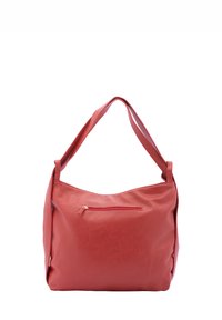 Rode leren schoudertas met een gestructureerde afwerking, een enkele riem en een ritszak aan de voorkant. Eenvoudige, gebogen vorm voor gemakkelijke toegang.