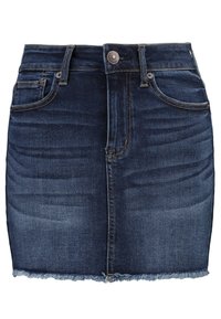 Tmavě modrá denimová mini sukně s předními kapsami, poutky na opasek, zapínáním na knoflík a roztrženým lemem.