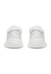 White athletic shoes with mesh and synthetic upper, laces, and adjustable Velcro strap. Rounded toe and cushioned sole.