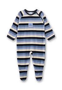 Blauw en crèmekleurig gestreept baby-rompertje van zachte fleece, met lange mouwen, drukknoopsluiting en een olifantenpatch op de voorkant.