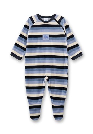 Blauw en crèmekleurig gestreept baby-rompertje van zachte fleece, met lange mouwen, drukknoopsluiting en een olifantenpatch op de voorkant.