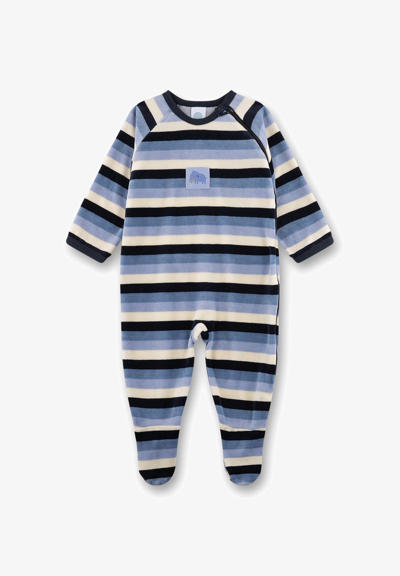 Blauw en crèmekleurig gestreept baby-rompertje van zachte fleece, met lange mouwen, drukknoopsluiting en een olifantenpatch op de voorkant.