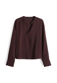 Long-sleeve dark brown blouse with a round split neckline and subtle texture, displayed on a white background.