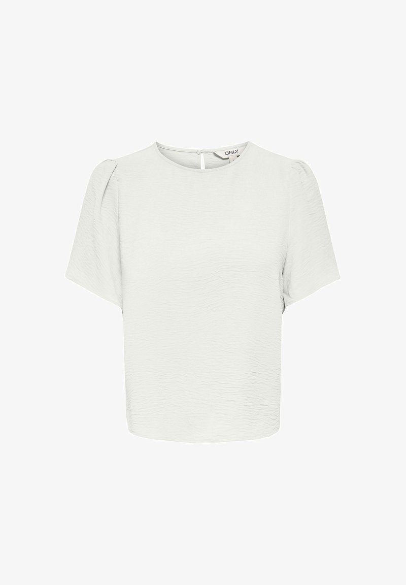 Blouse blanche texturée à manches courtes avec encolure ronde et petite fermeture par bouton au dos du col.