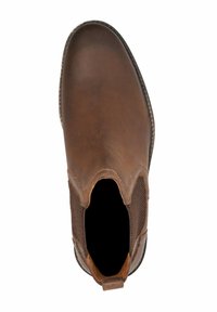 Brown leather ankle boot with elastic side panels, round toe, and textured vamp. Features a pull tab for easy wear and stitched detailing.