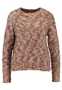 Pletený svetr v různě zbarvených hnědých, oranžových a šedých tónech. Má kulatý výstřih, dlouhé rukávy a vroubkovaný lem s texturovaným povrchem.