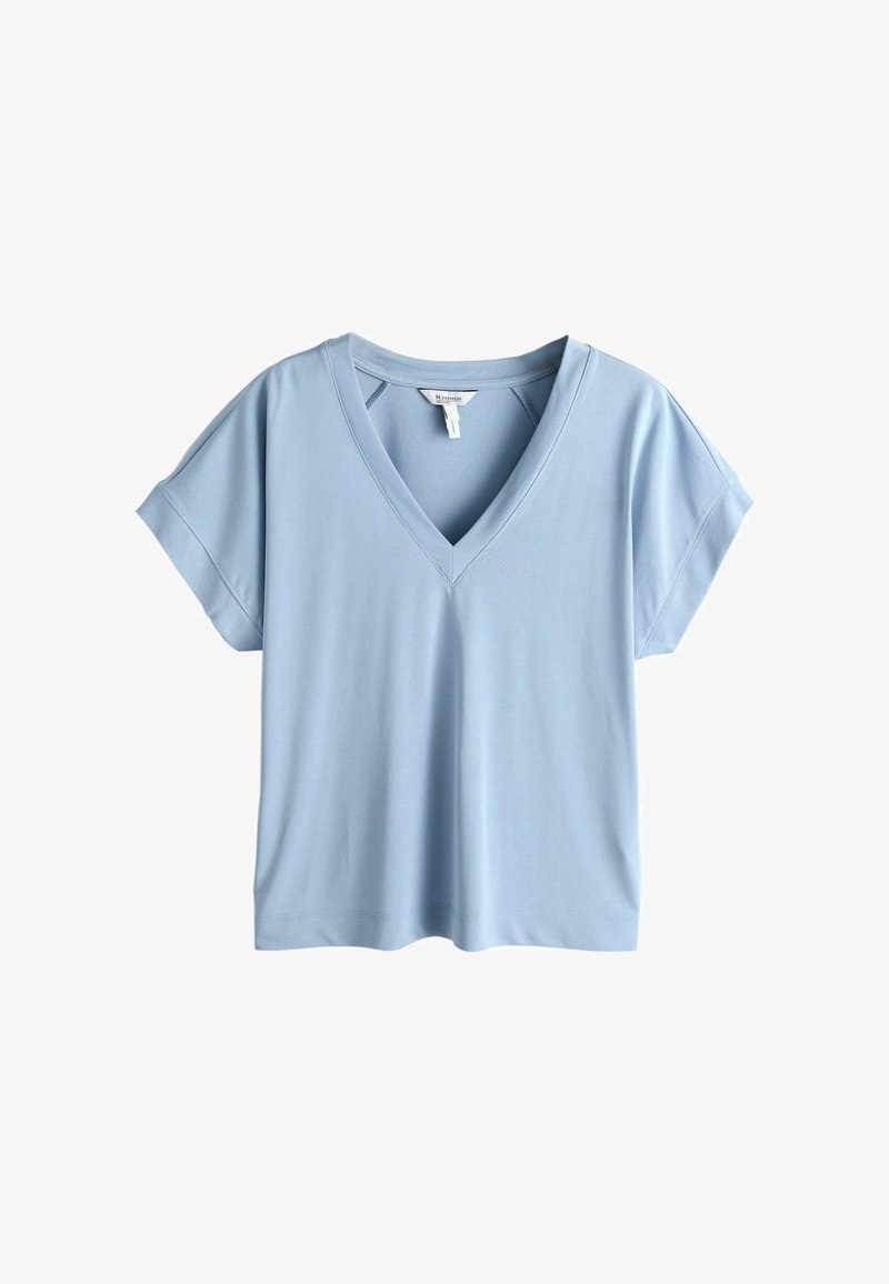 Svjetloplavi top s V-izrezom, kratkih rukava s širokim rukavima i ležernim krojem, prikazan na bijeloj pozadini.
