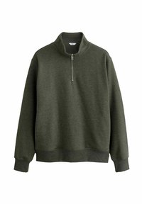 Olijfgroene sweatshirt met een ritskraag tot de helft, lange mouwen, ribgebreide manchetten en boord, gemaakt van zachte, gestructureerde stof.