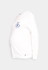 Biała bluza długi rękaw z okrągłym dekoltem, z niebieską abstrakcyjną grafiką oka na klatce piersiowej, ściągacze przy mankietach oraz mała okrągła metalowa metka na dolnej krawędzi.