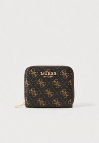 Ruda ir juoda piniginė su užtrauktuku aplink, puošta monogramos raštu, auksinio atspalvio logotipo detalėmis ir tekstūruotu sintetiniu paviršiumi. Lygus užtrauktuko traukiklis.