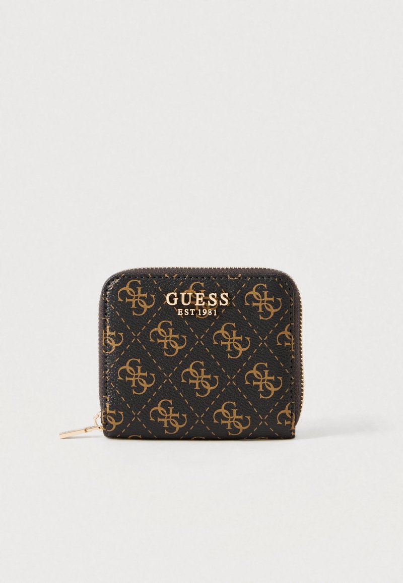 Ruda ir juoda piniginė su užtrauktuku aplink, puošta monogramos raštu, auksinio atspalvio logotipo detalėmis ir tekstūruotu sintetiniu paviršiumi. Lygus užtrauktuko traukiklis.