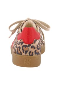 Leopard print sneaker with red leather accents, beige fabric upper, textured gum sole, and beige laces. Logo visible on heel.