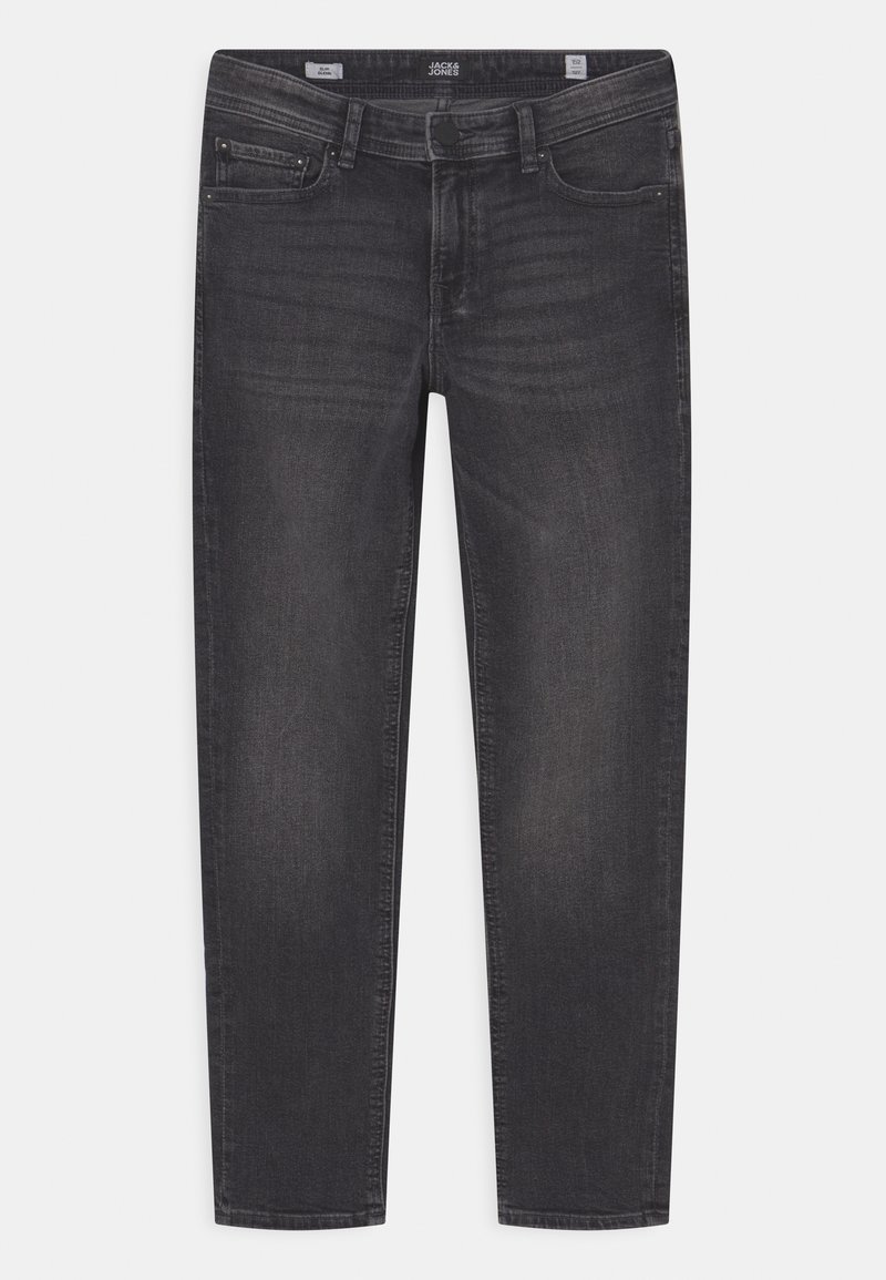 Jean noir slim avec cinq poches, fermeture par bouton, et délicat effet délavé sur l'avant des cuisses.