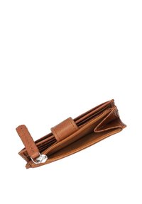 Bruine leren portemonnee met een compact ontwerp, voorzien van een magnetische sluiting, meerdere kaartsleuven en een textuur-oppervlak.