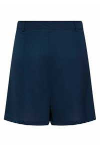 Granatowe szorty wykonane z teksturowanej tkaniny, o prostym kroju, z bocznymi rozcięciami oraz paskiem z szlufkami. Brak widocznych kieszeni.