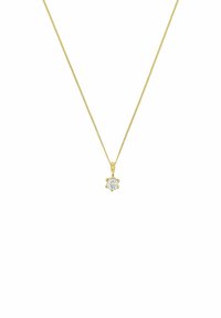 Collana in oro con pendente a forma di fiore, dotata di un centro in diamante trasparente e sei montature a griffe.