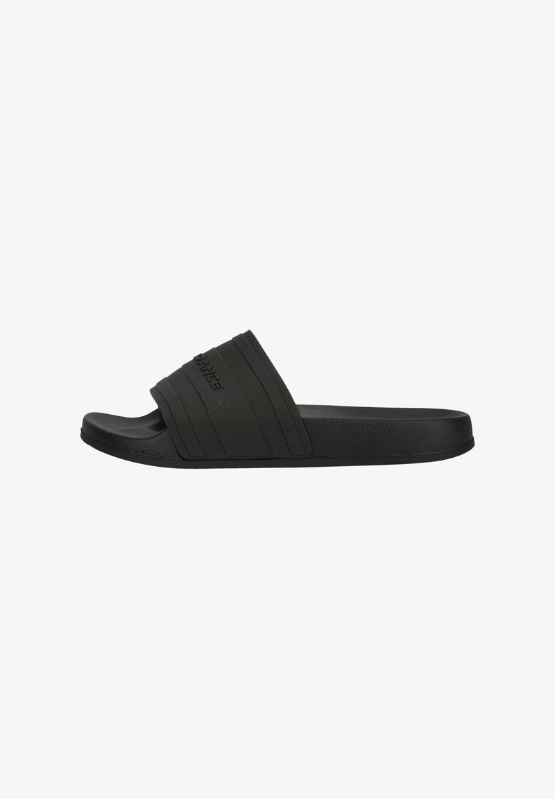 Black slide sandal made of rubber. Features a wide strap with horizontal ridges and a textured footbed. The sole is smooth and flat.