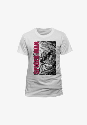 Camiseta de algodón blanca con un estampado gráfico de Spider-Man en negro y gris, acompañado de un texto en rojo en negrita que dice "SPIDER-MAN" junto a la imagen.