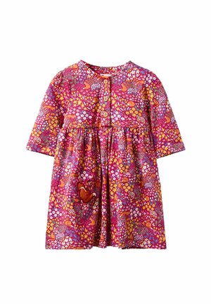 Blumenbedrucktes Kleid in Rosa mit rundem Ausschnitt, kurzen Ärmeln und Holzknöpfen. Verfügt über eine Tasche mit einem kleinen Tierdesign.