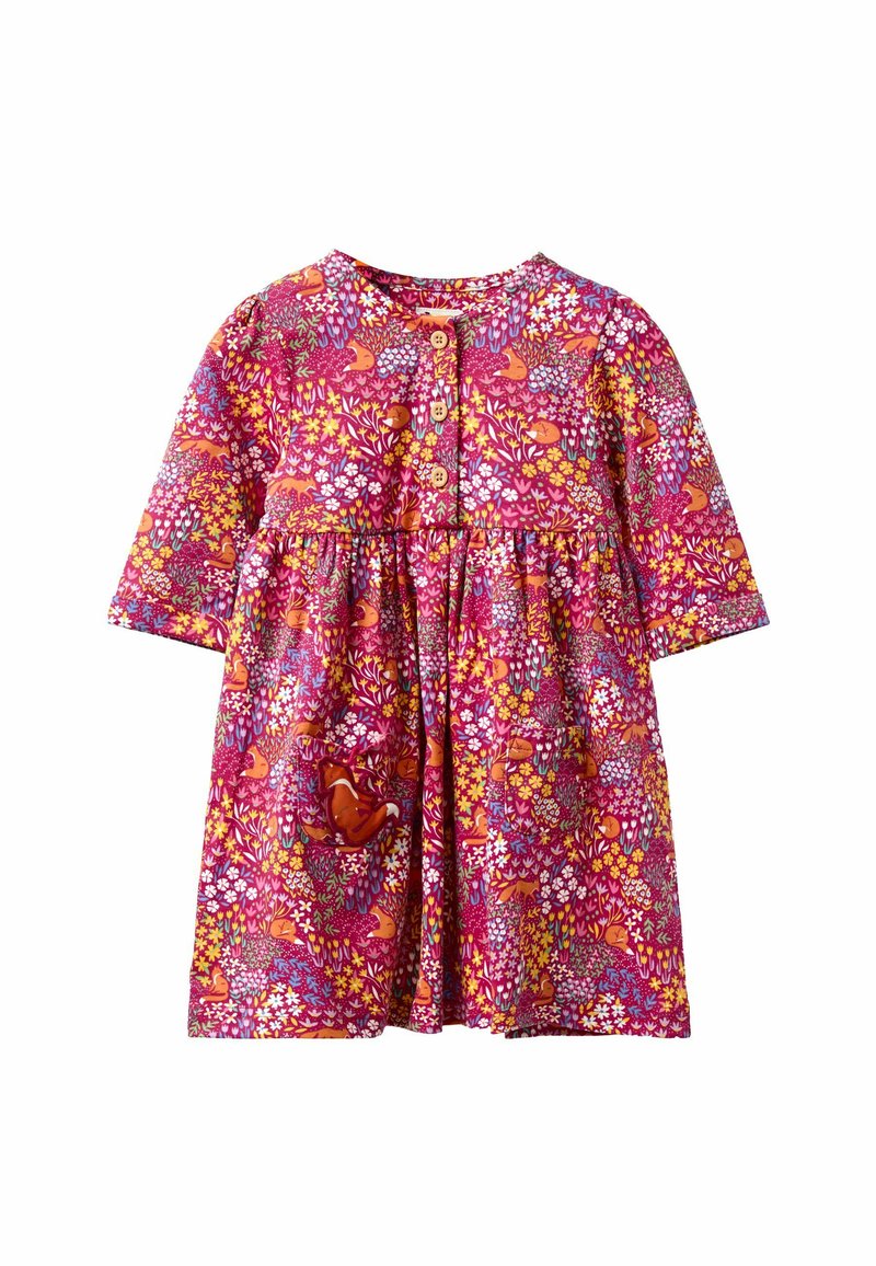 Blumenbedrucktes Kleid in Rosa mit rundem Ausschnitt, kurzen Ärmeln und Holzknöpfen. Verfügt über eine Tasche mit einem kleinen Tierdesign.