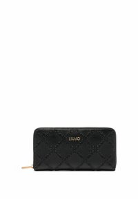 Portefeuille en cuir noir avec motif gaufré, portant le nom de la marque "LIU JO" en doré. Fermeture éclair et surface texturée pour une prise en main.